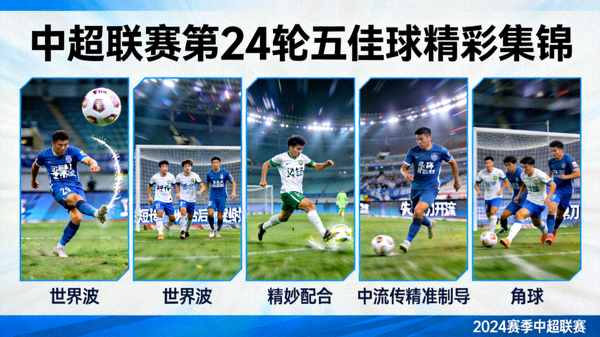 中超联赛第24轮五佳球精彩集锦，包含世界波和精妙配合